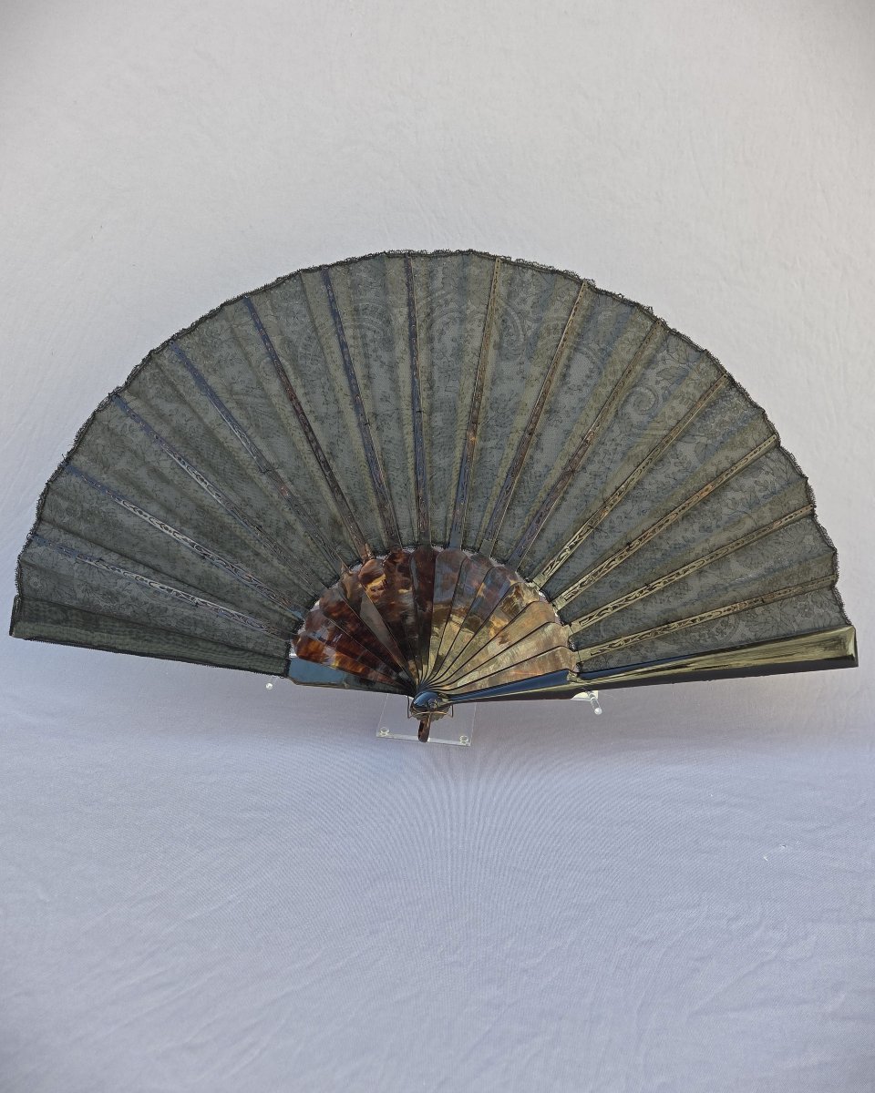 Tortoiseshell And Lace Fan, Silver Figure, 19th Century-photo-2