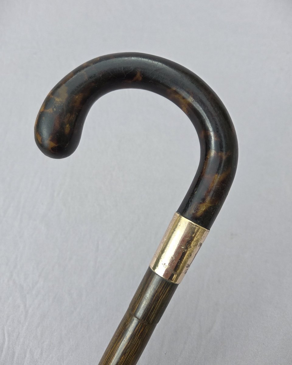 Canne ancienne de collection vers 1900 – pommeau écaille – bague monogrammée EL --photo-2