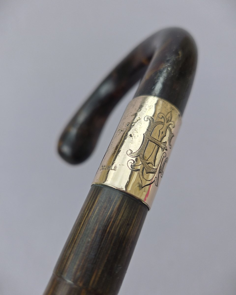 Canne ancienne de collection vers 1900 – pommeau écaille – bague monogrammée EL --photo-3