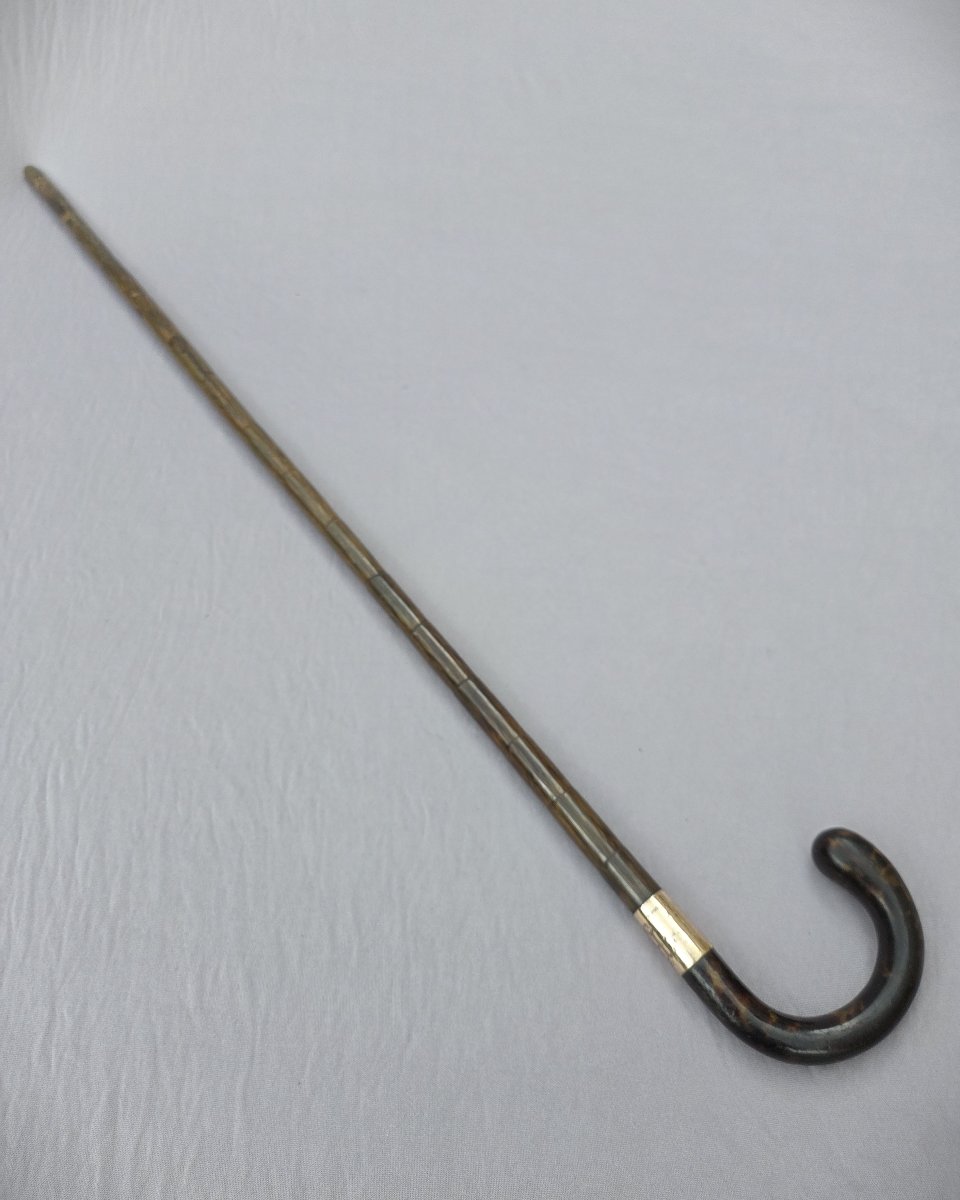 Canne ancienne de collection vers 1900 – pommeau écaille – bague monogrammée EL --photo-1