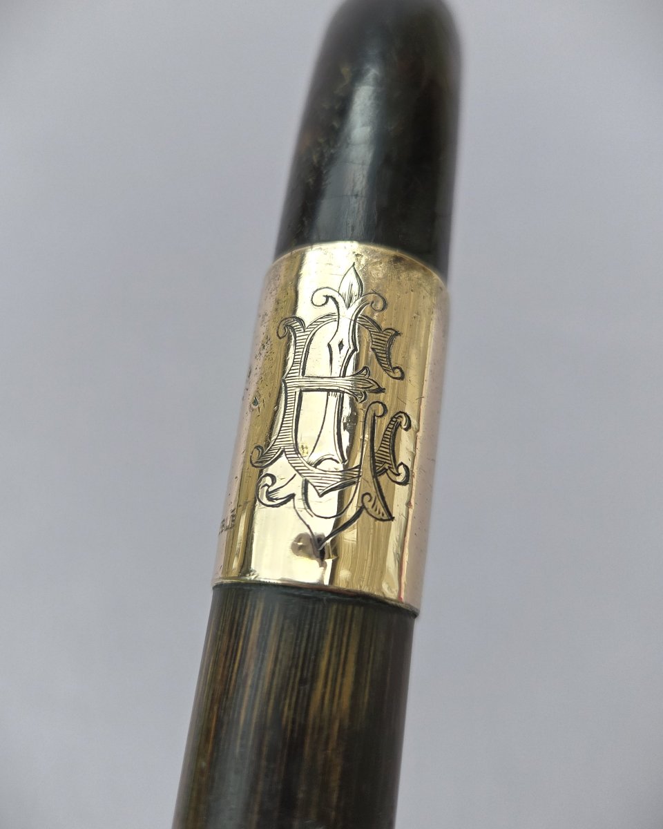 Canne ancienne de collection vers 1900 – pommeau écaille – bague monogrammée EL --photo-2