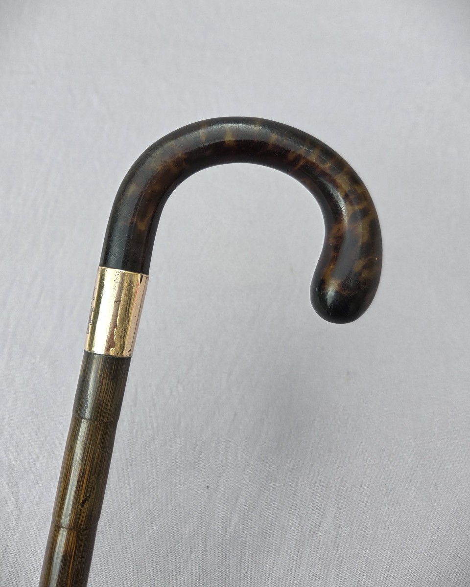 Canne ancienne de collection vers 1900 – pommeau écaille – bague monogrammée EL -