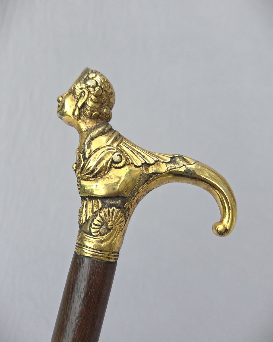 Canne ancienne casse tête pommeau en bronze doré représentant une chimère-photo-2