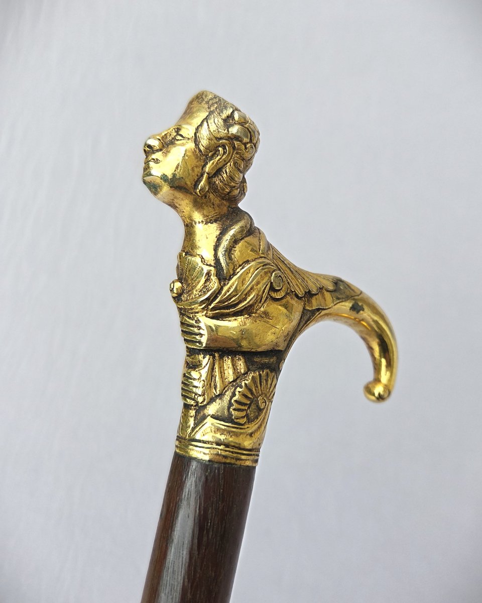 Canne ancienne casse tête pommeau en bronze doré représentant une chimère-photo-3