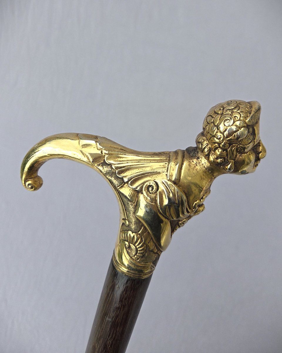 Canne ancienne casse tête pommeau en bronze doré représentant une chimère-photo-4