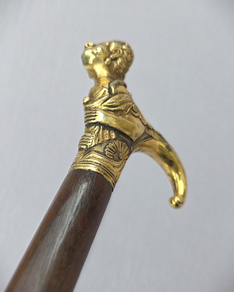 Canne ancienne casse tête pommeau en bronze doré représentant une chimère-photo-1