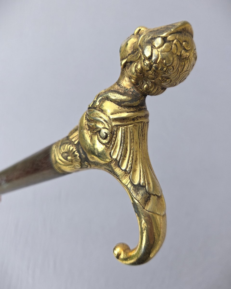 Canne ancienne casse tête pommeau en bronze doré représentant une chimère-photo-2