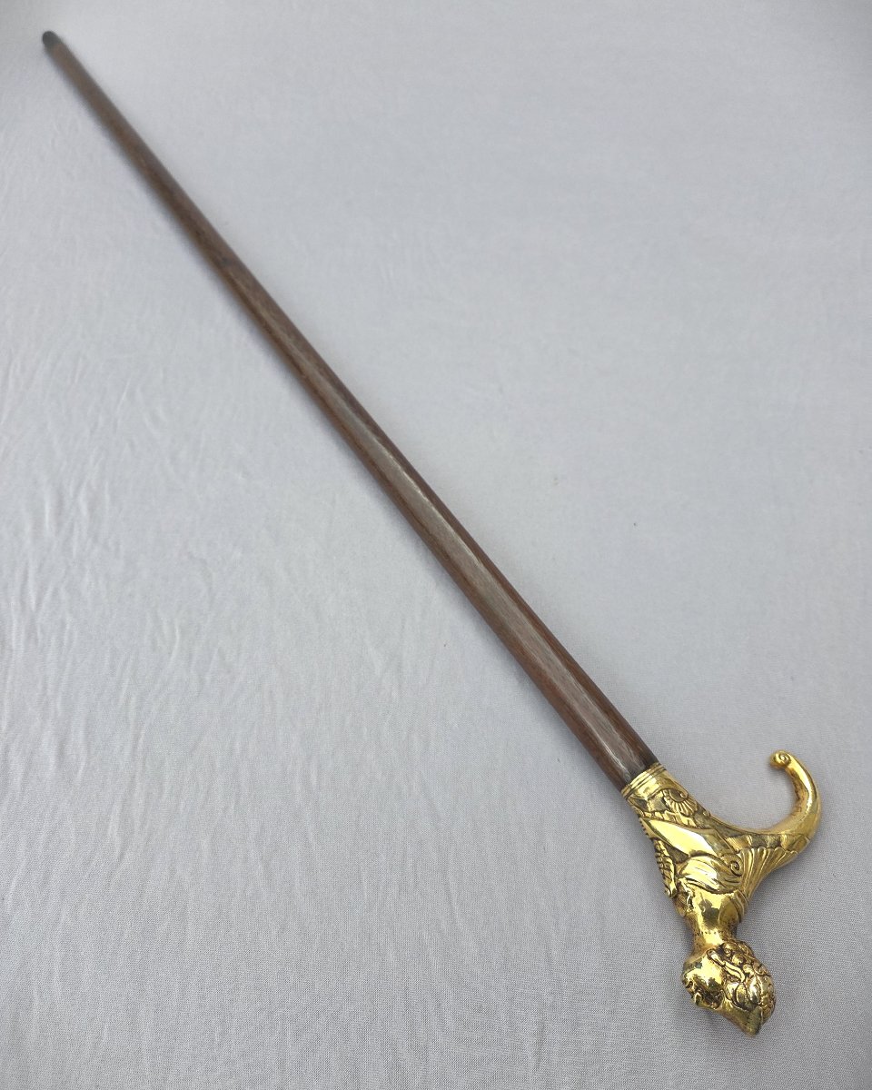 Canne ancienne casse tête pommeau en bronze doré représentant une chimère-photo-3