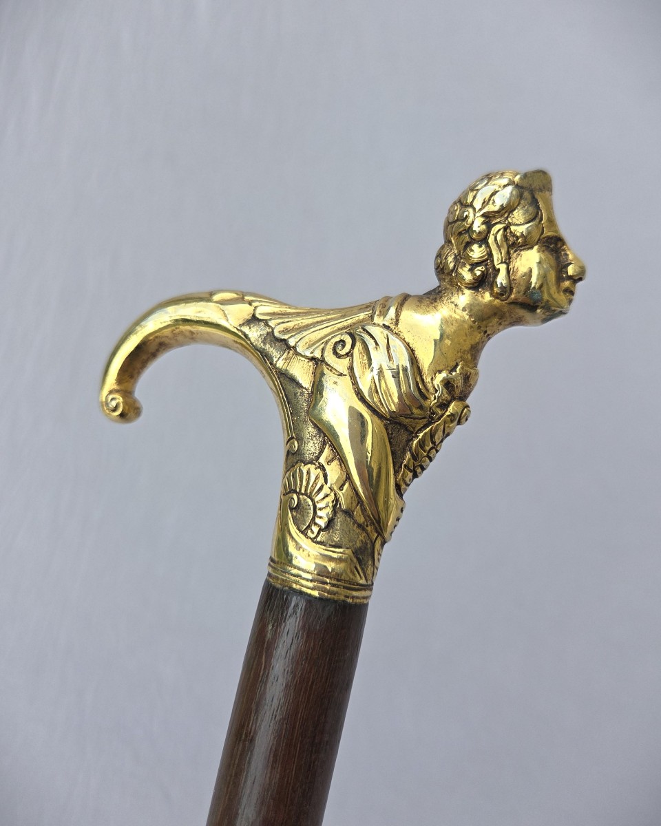 Canne ancienne casse tête pommeau en bronze doré représentant une chimère
