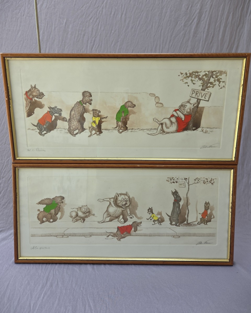 Deux gravures humoristiques, Les chiens de Paris, Boris O’Klein 1893 – 1985  