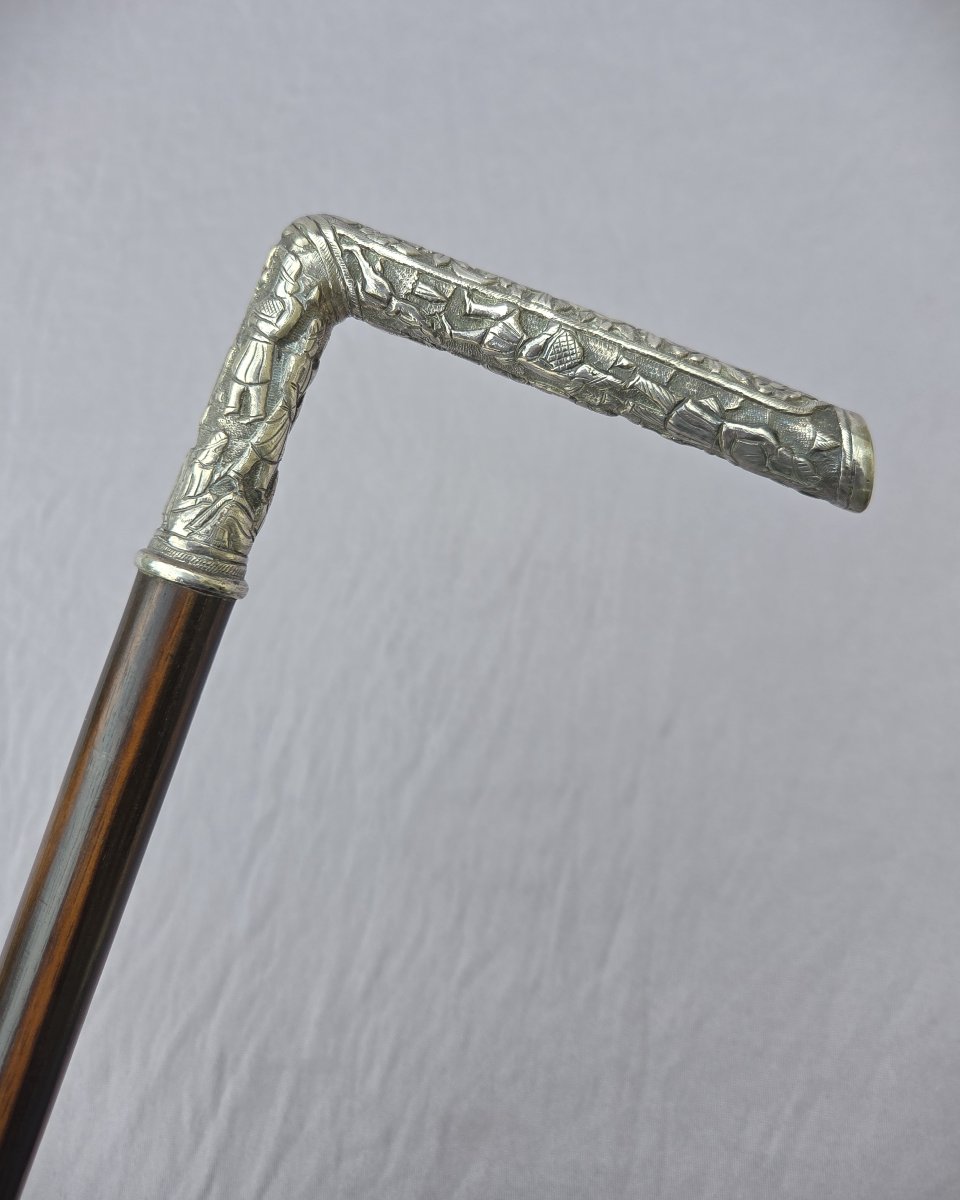 Metal Cane With Square Knob Decorated With Figures, Rosewood Shaft.-photo-2