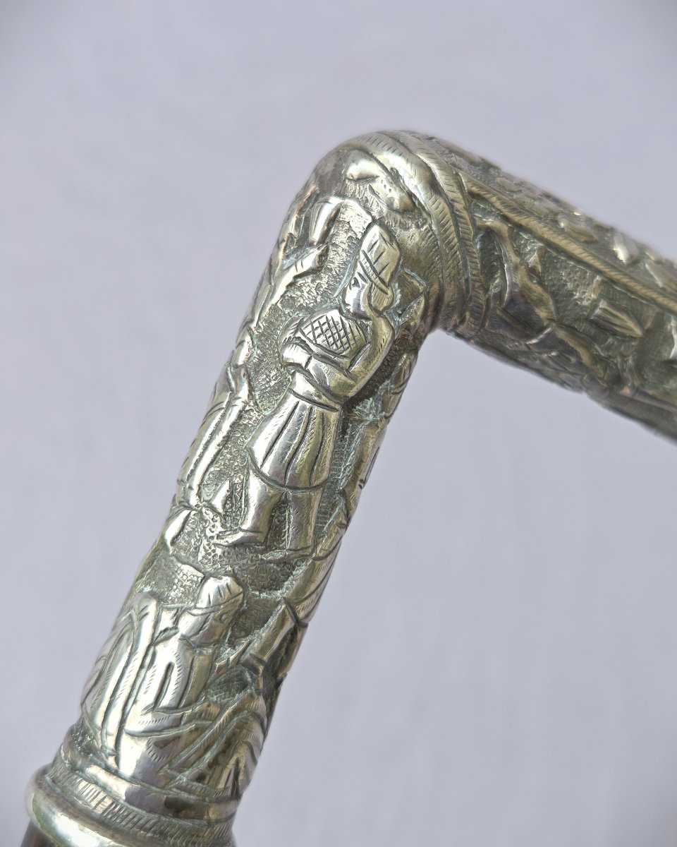 Metal Cane With Square Knob Decorated With Figures, Rosewood Shaft.-photo-3