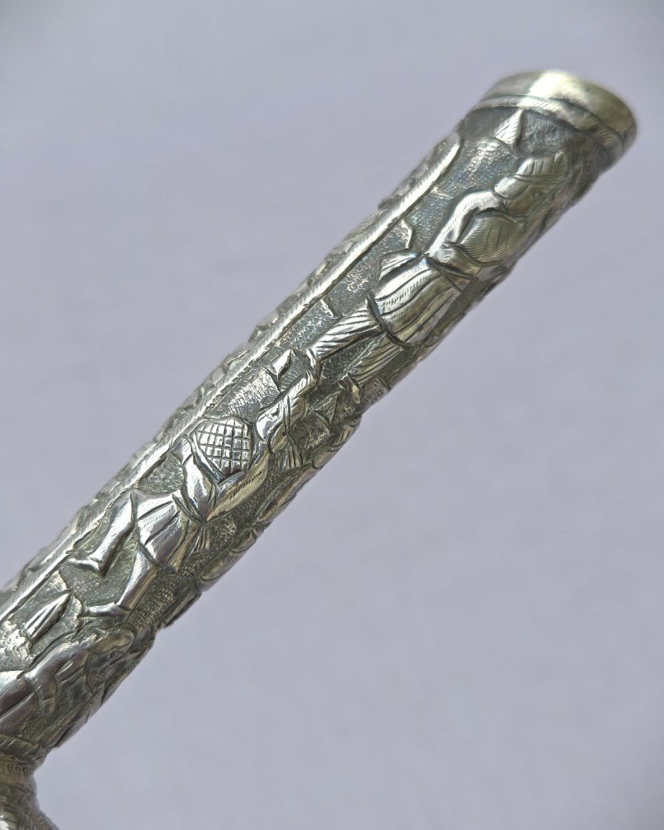 Metal Cane With Square Knob Decorated With Figures, Rosewood Shaft.-photo-4
