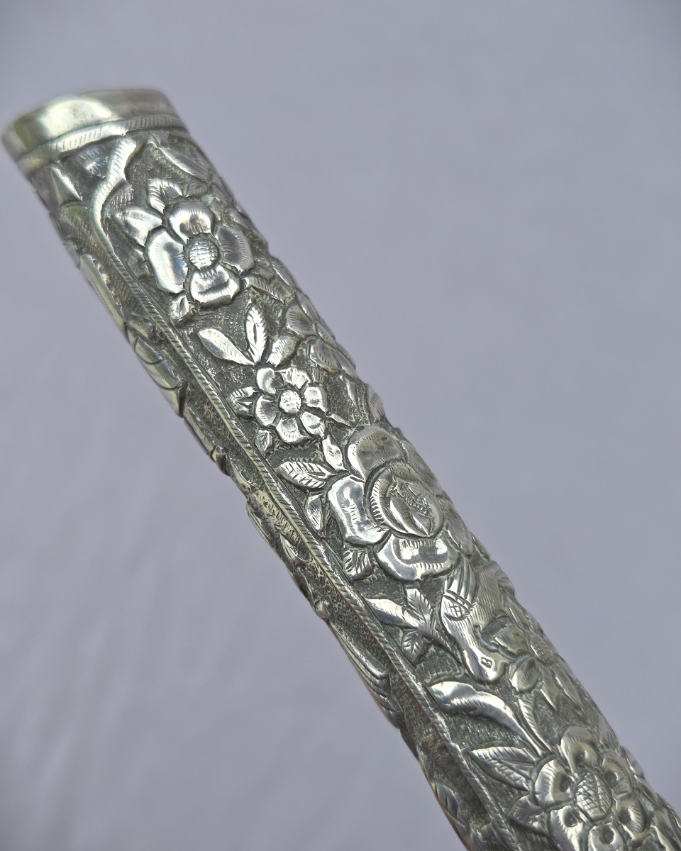 Metal Cane With Square Knob Decorated With Figures, Rosewood Shaft.-photo-1