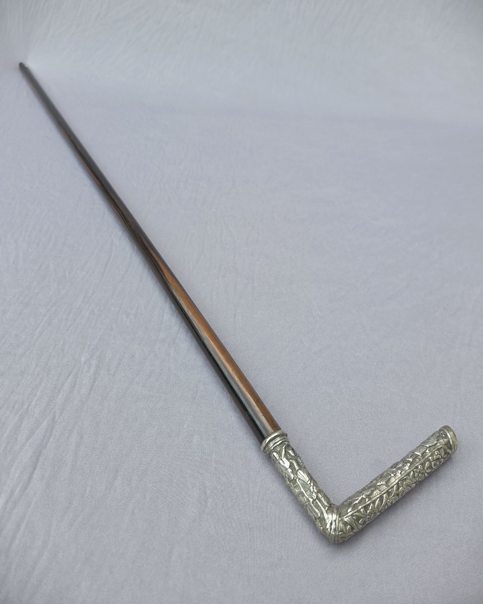 Metal Cane With Square Knob Decorated With Figures, Rosewood Shaft.-photo-2