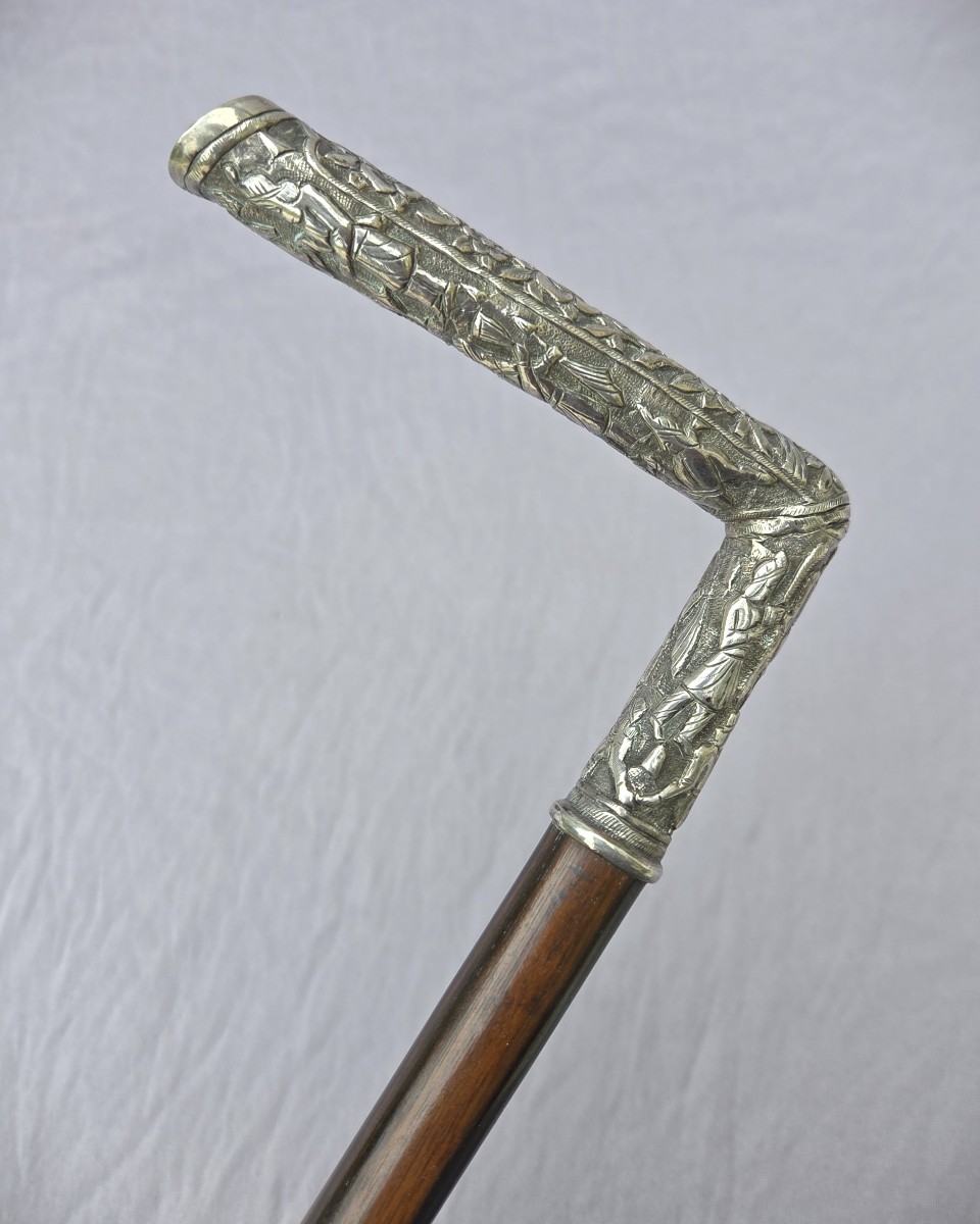Metal Cane With Square Knob Decorated With Figures, Rosewood Shaft.