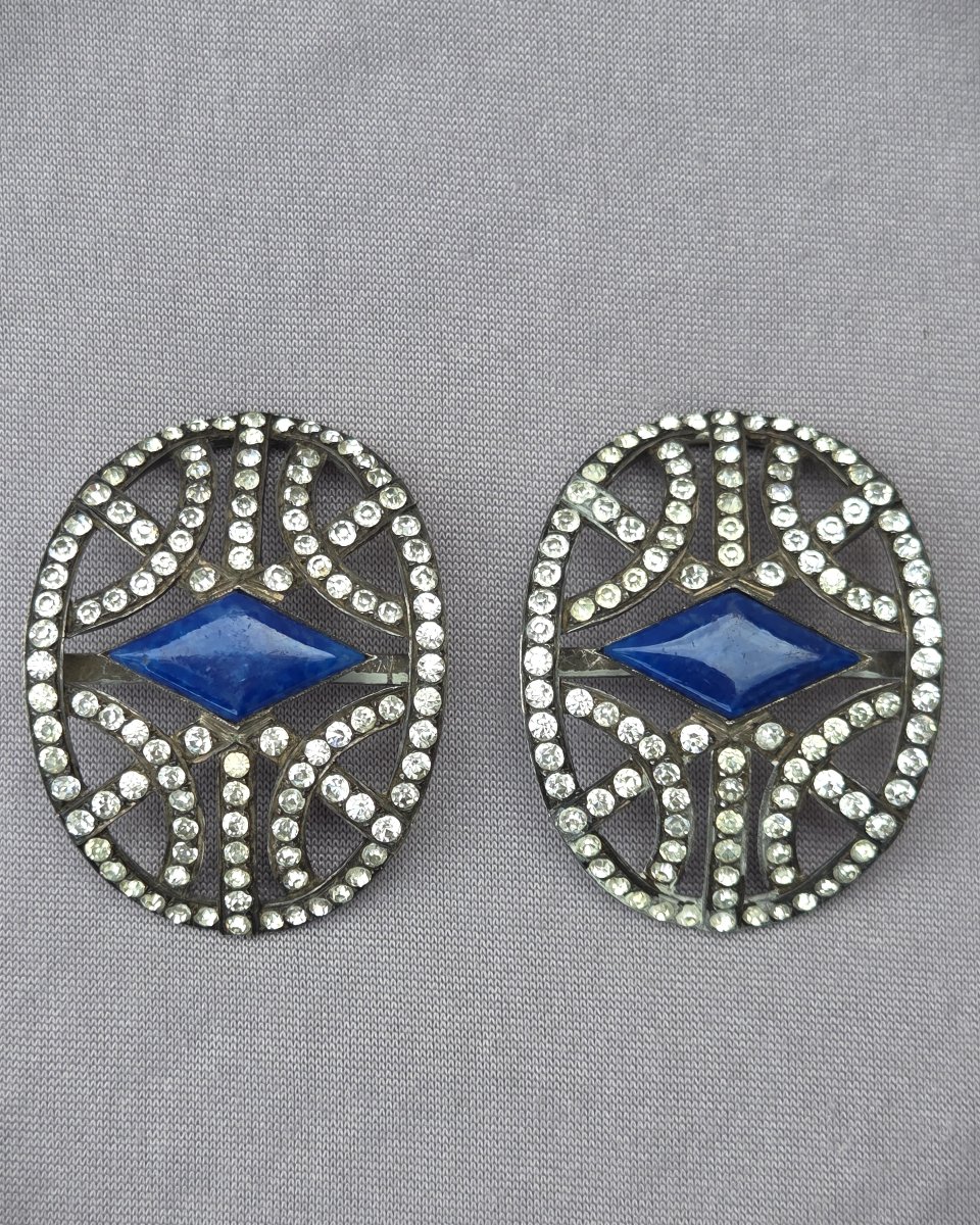 Silver Rhinestone And Lapis Lazuli Shoe Buckles 19th Century-photo-4