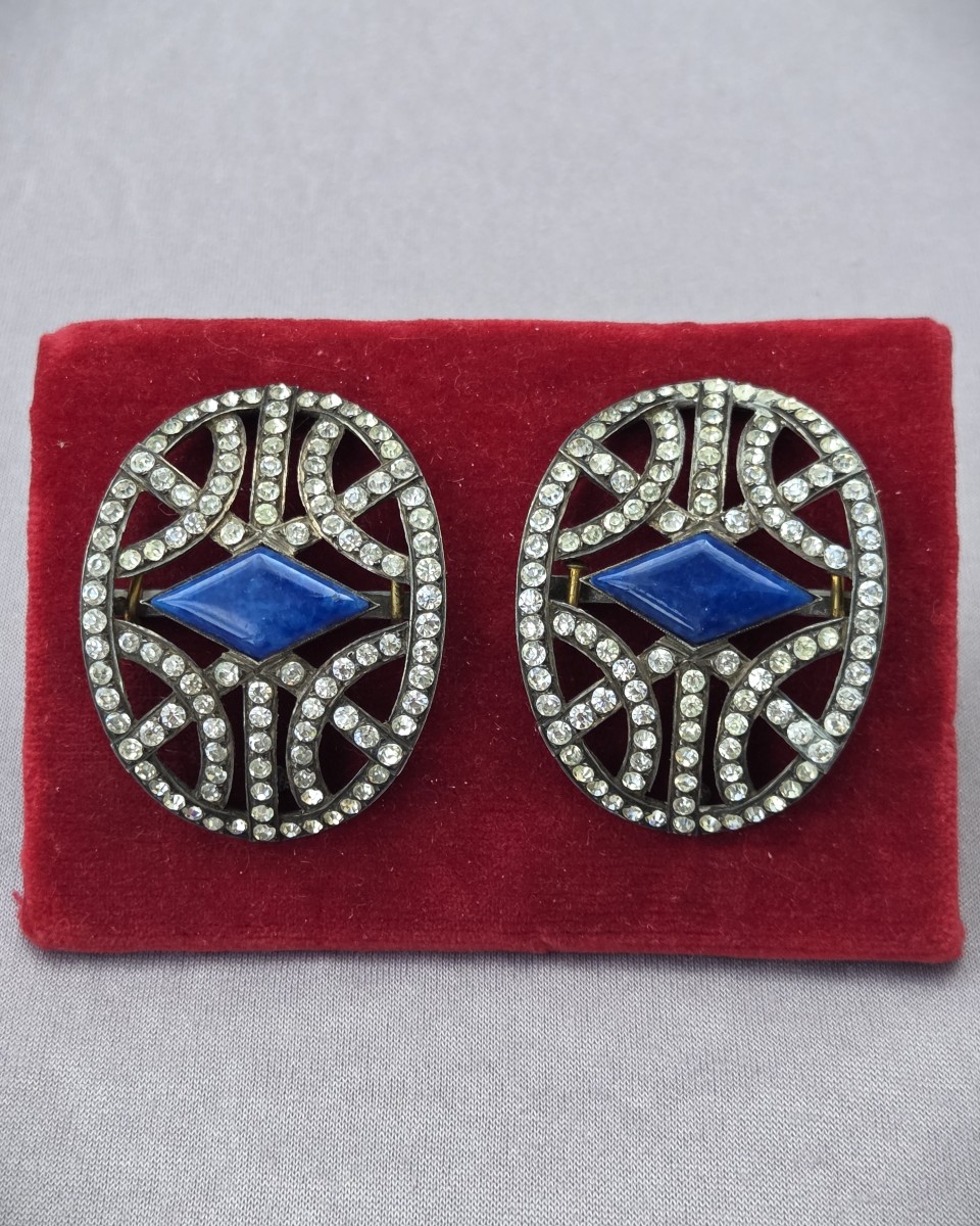 Silver Rhinestone And Lapis Lazuli Shoe Buckles 19th Century