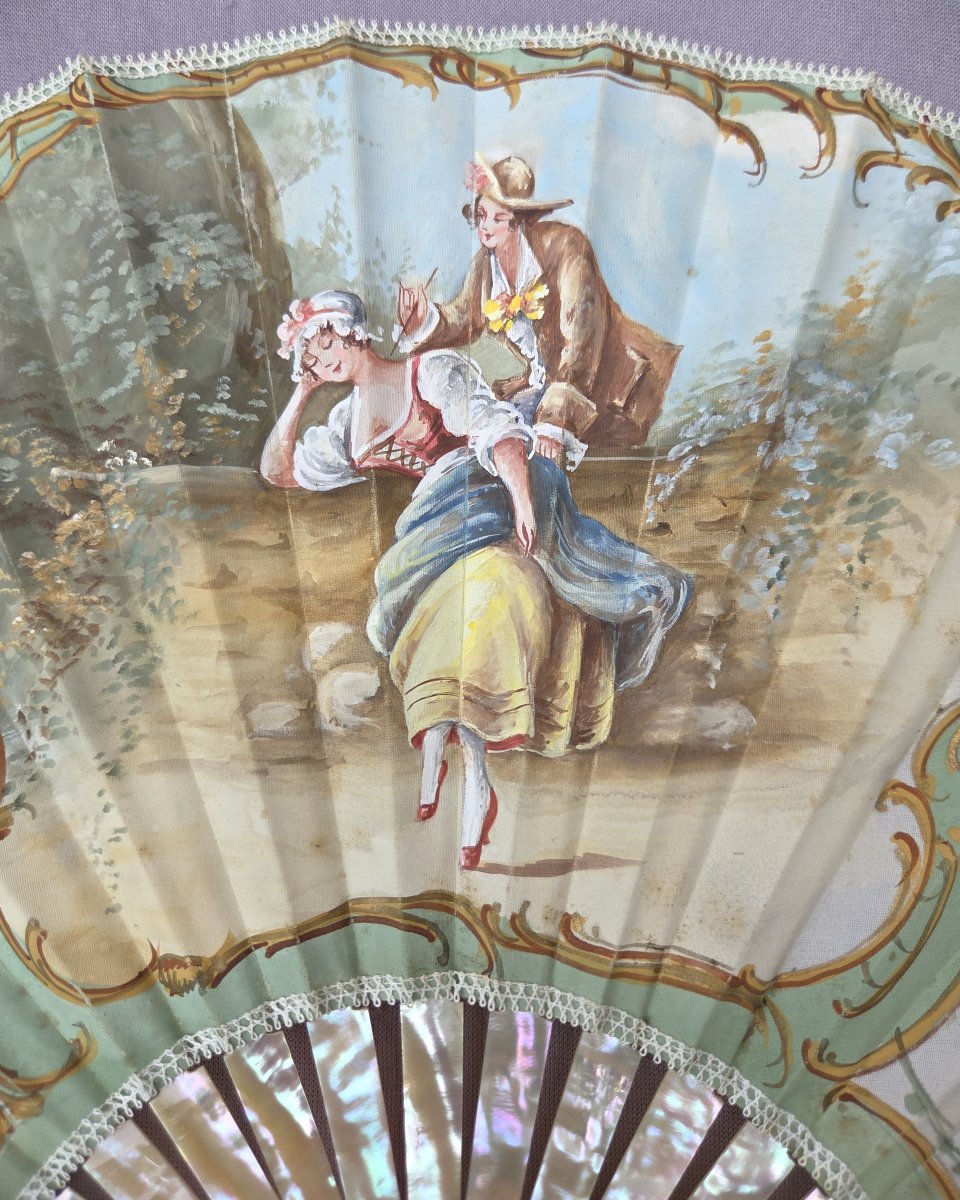 Antique Mother-of-pearl And Gouache Fan On Silk In Its Embroidered Box-photo-2