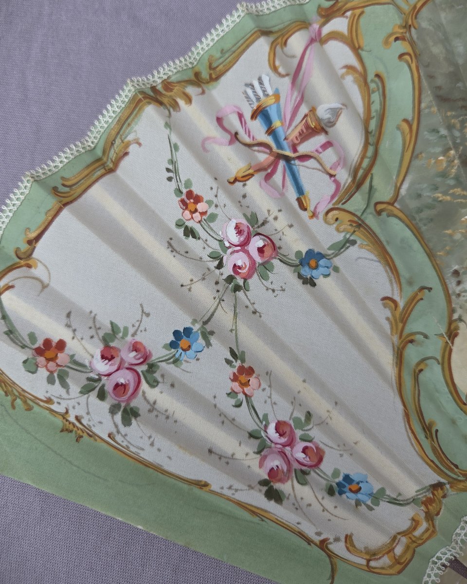 Antique Mother-of-pearl And Gouache Fan On Silk In Its Embroidered Box-photo-3