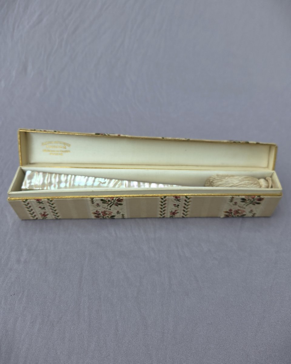 Antique Mother-of-pearl And Gouache Fan On Silk In Its Embroidered Box-photo-1