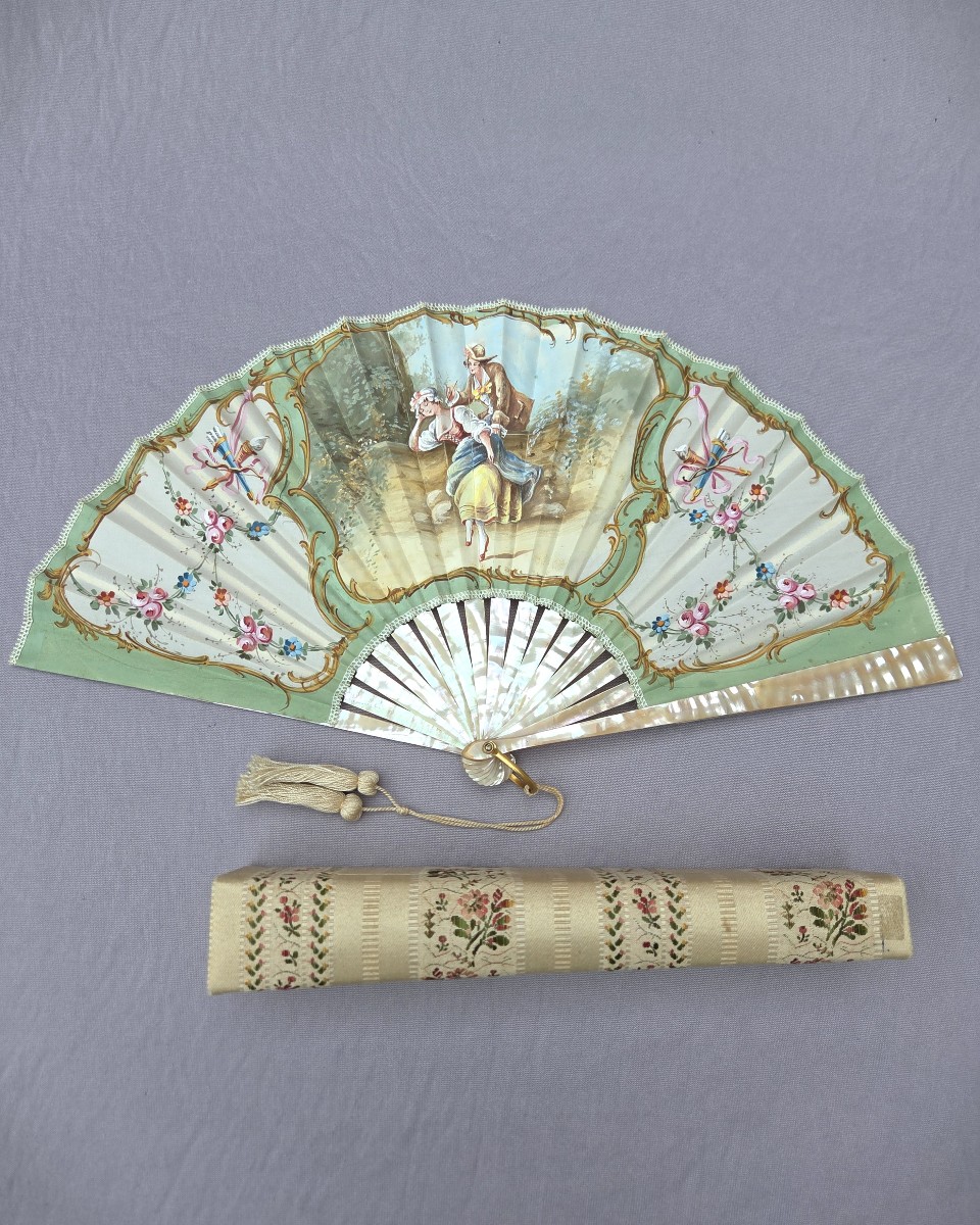 Antique Mother-of-pearl And Gouache Fan On Silk In Its Embroidered Box