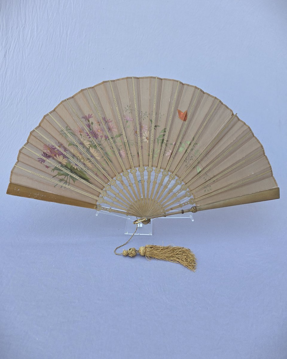Eventail peint de fleurs et papillons vers 1900-photo-3
