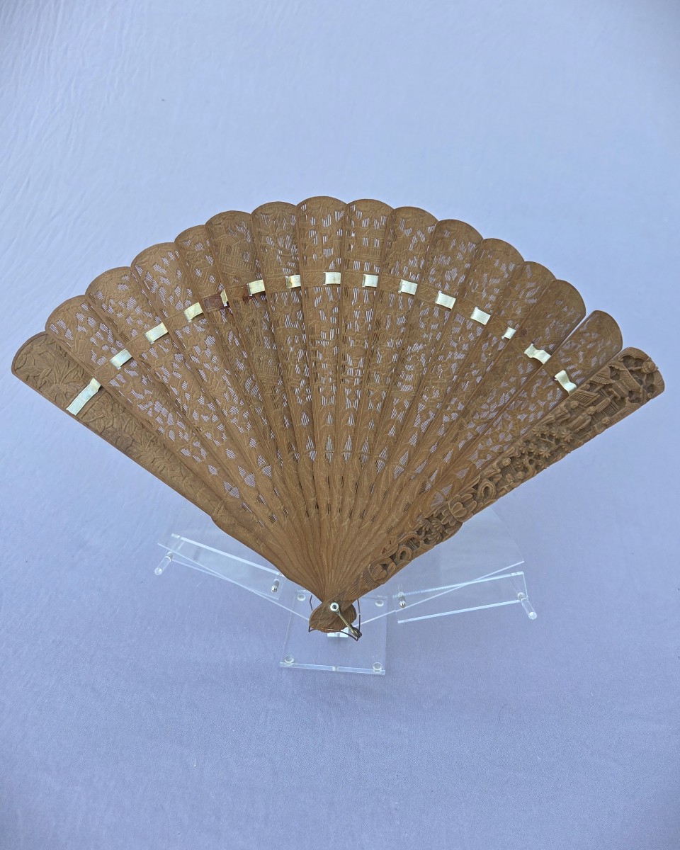 Engraved Sandalwood Fan, China, Canton 19th Century