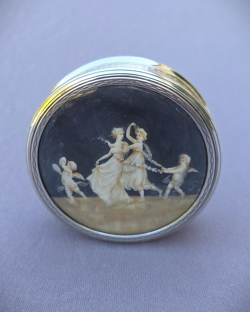 Guilloché Silver Box With Vermeil Interior, Lid Decorated With A Miniature.