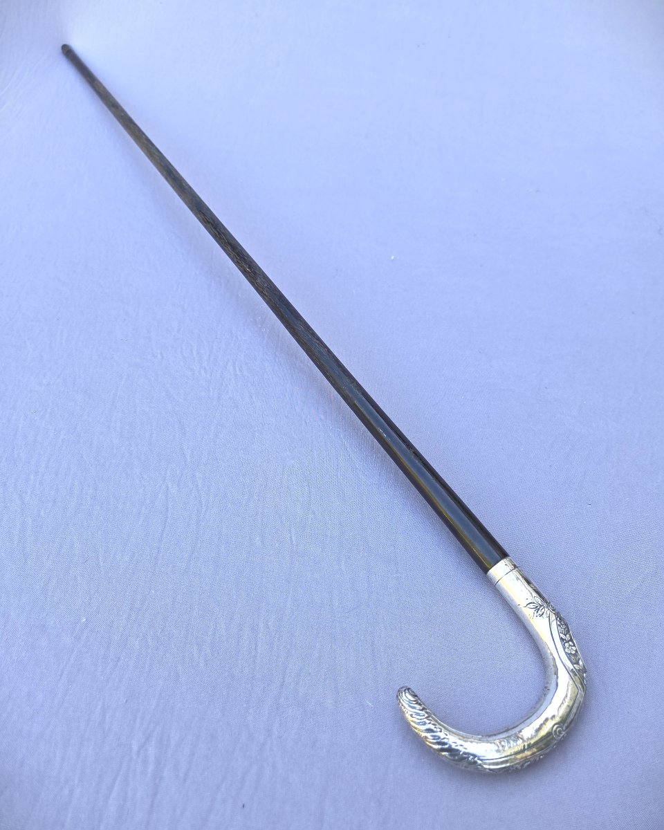 Canne ancienne, fin XIXe / 1900 poignée argent avec monogramme-photo-2