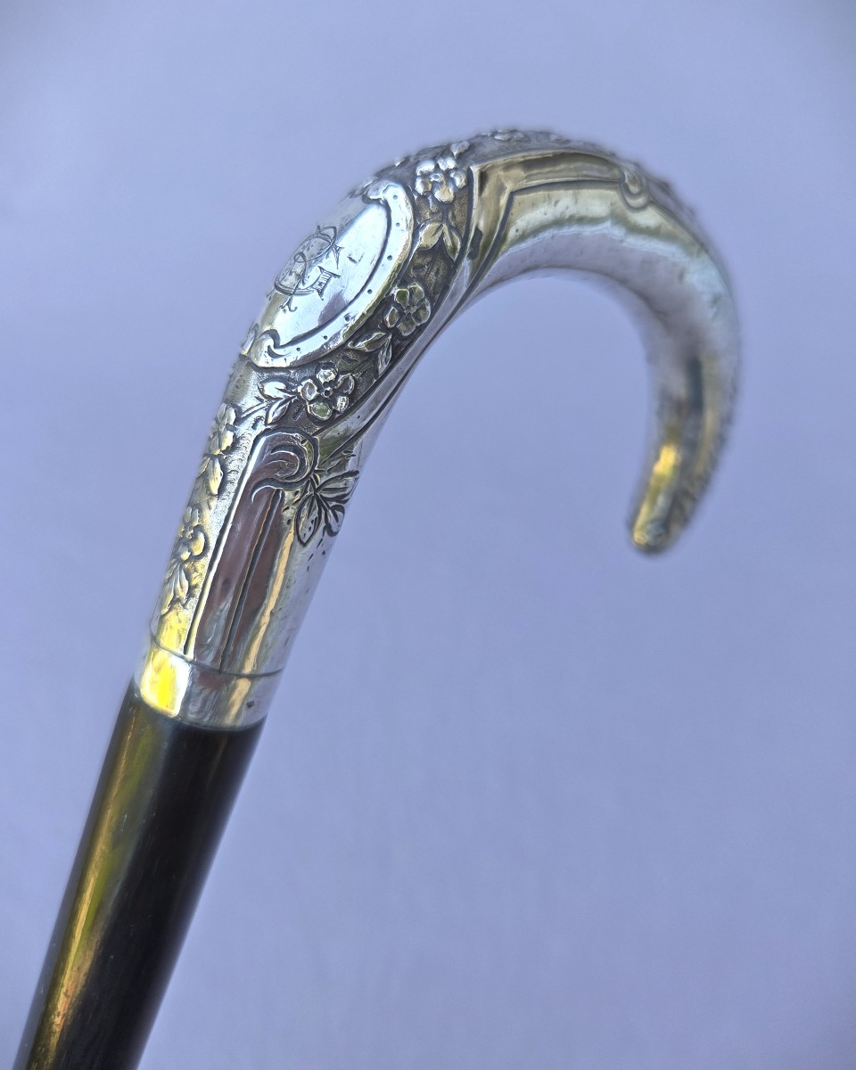 Canne ancienne, fin XIXe / 1900 poignée argent avec monogramme