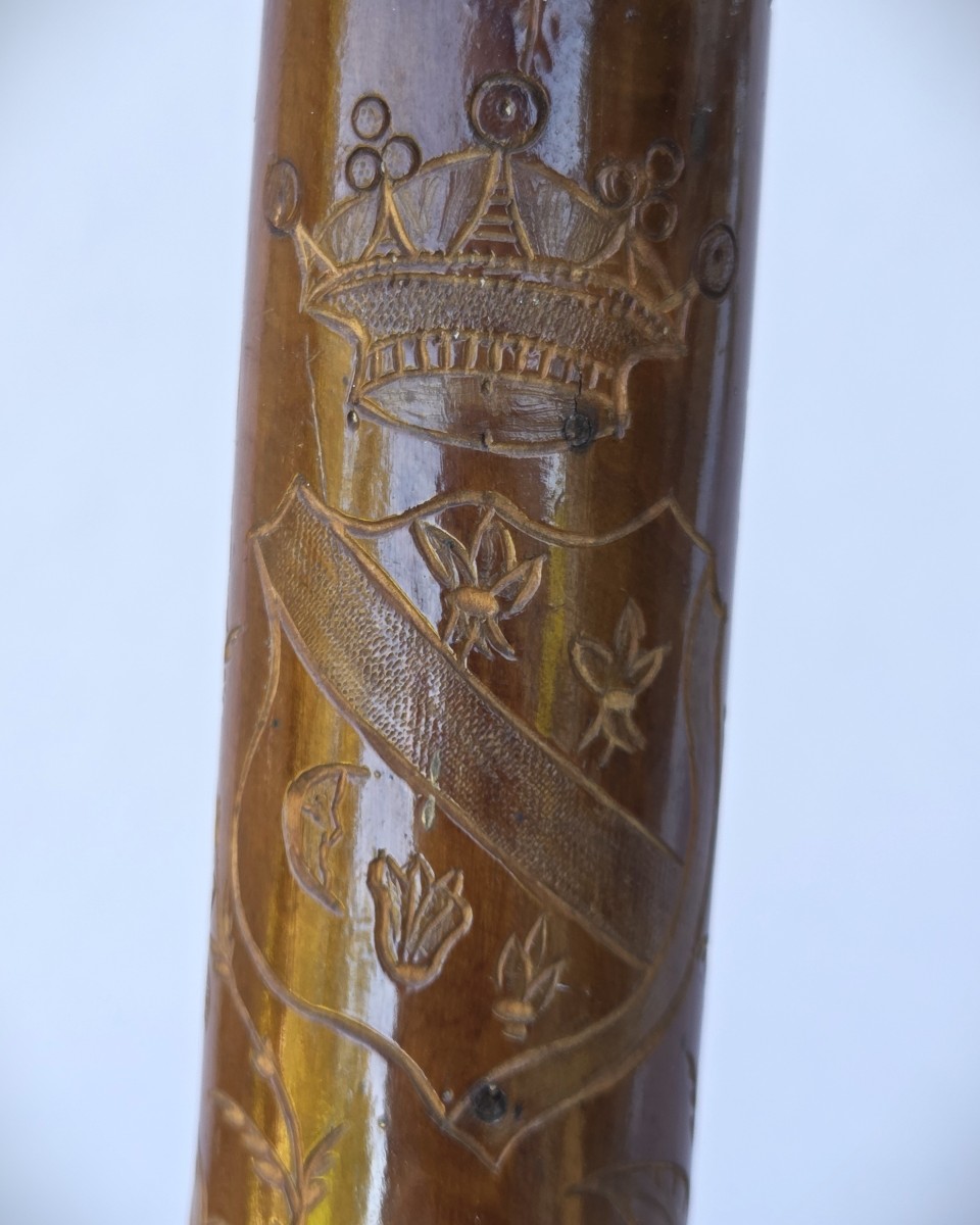 18th Century Cane, Coat Of Arms Under Marquis Crown, Carved Wood-photo-2