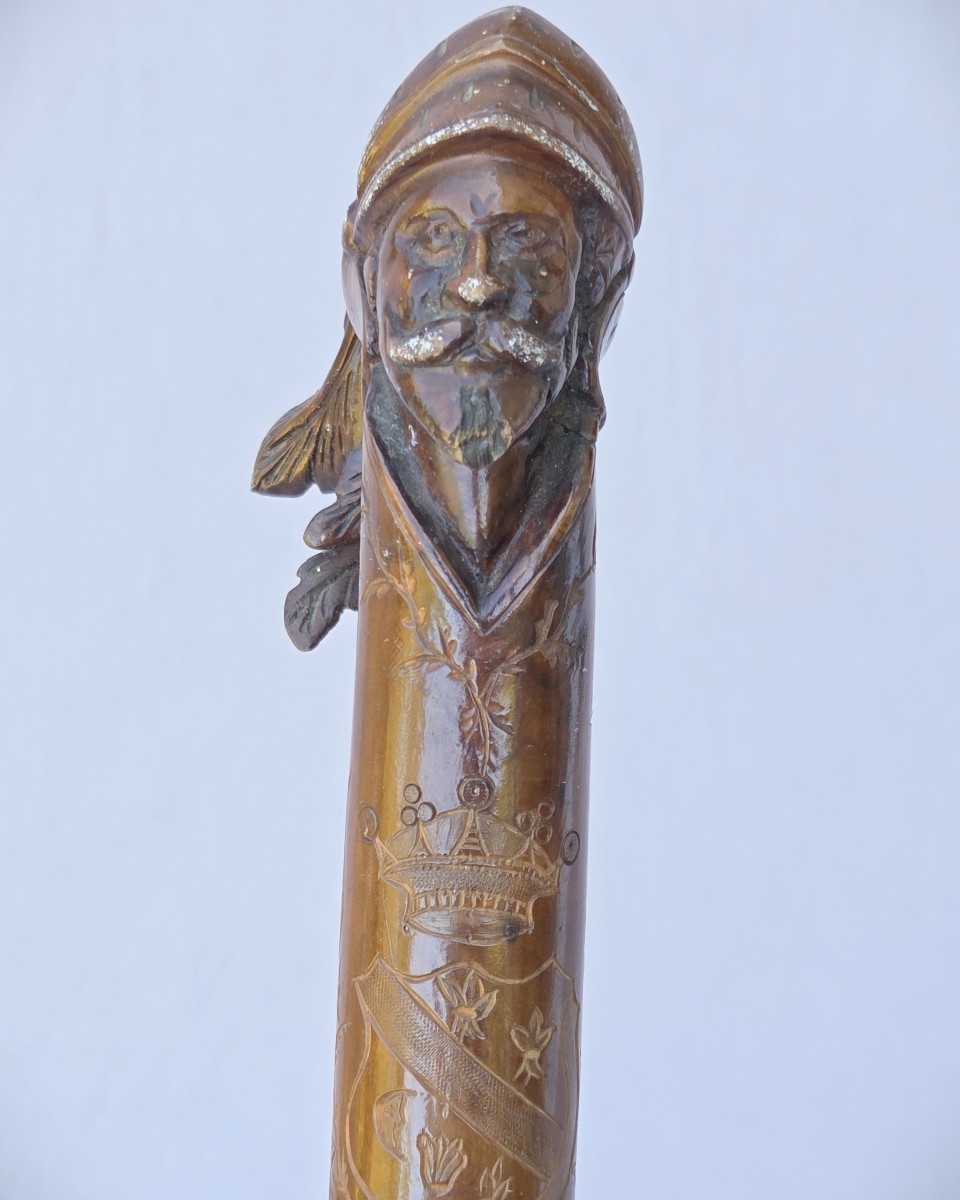 18th Century Cane, Coat Of Arms Under Marquis Crown, Carved Wood-photo-4