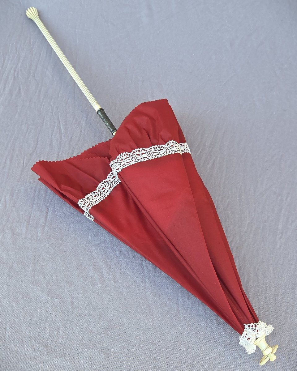 Second Empire Umbrella, Red Silk, Excellent Condition, France, Circa 1850-photo-1