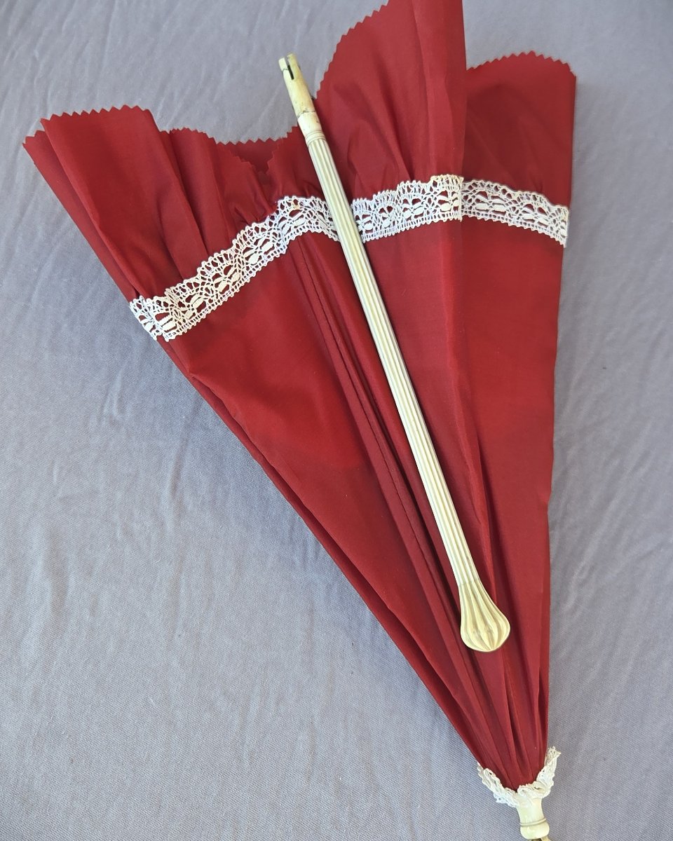 Second Empire Umbrella, Red Silk, Excellent Condition, France, Circa 1850-photo-2