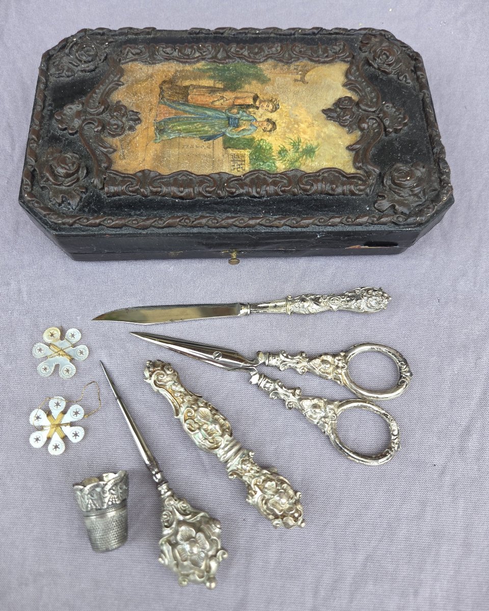 Nécessaire de couture, broderie, Second Empire dans son écrin-photo-1