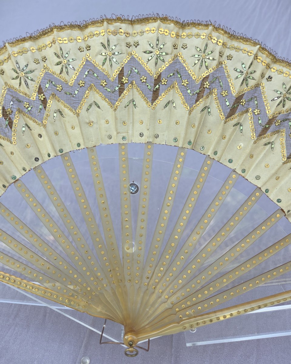 Horn And Sequined Silk Fan, Duvelleroy Paris, Circa 1910-photo-2