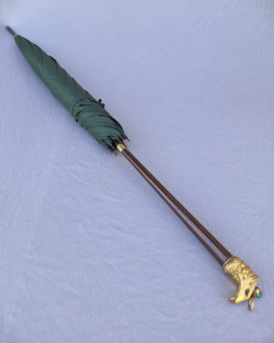 Parapluie à système pour turfiste, vers 1900, bois d’Amourette, pommeau aigle-photo-6
