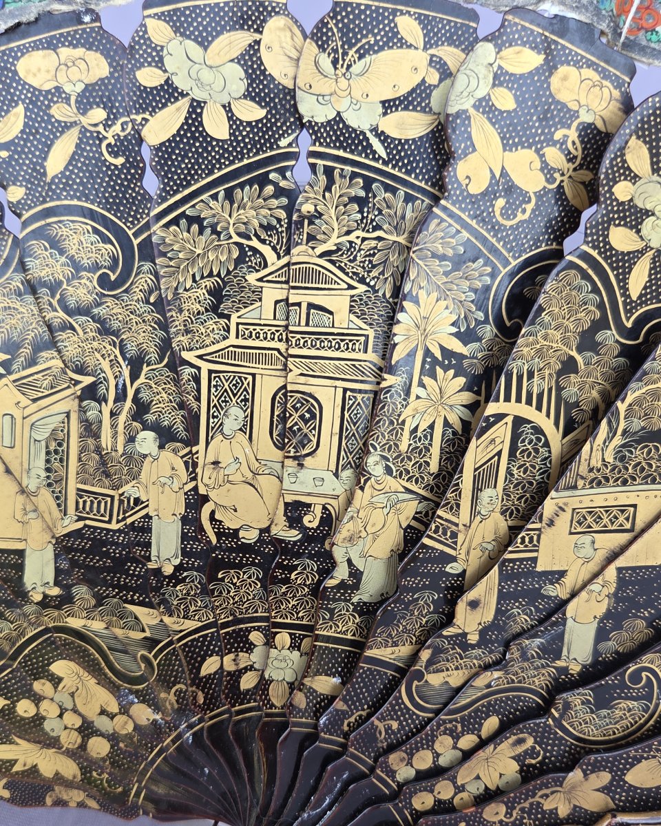 Eventail Chine Canton pour l’exportation bambou laqué noir et or vers 1880-photo-3
