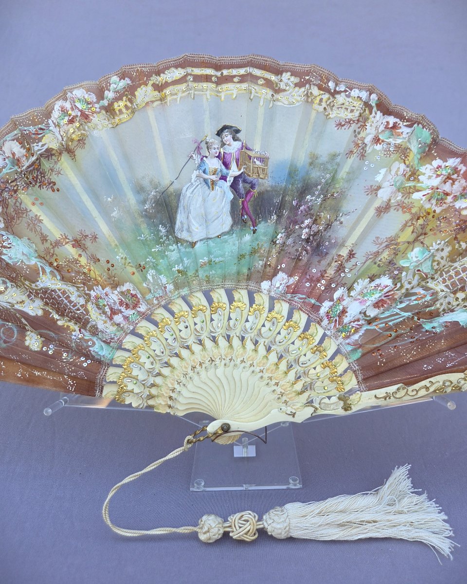 Eventail ancien, vers 1910, feuille en tulle peinte, éventail en parfait état et utilisable-photo-2
