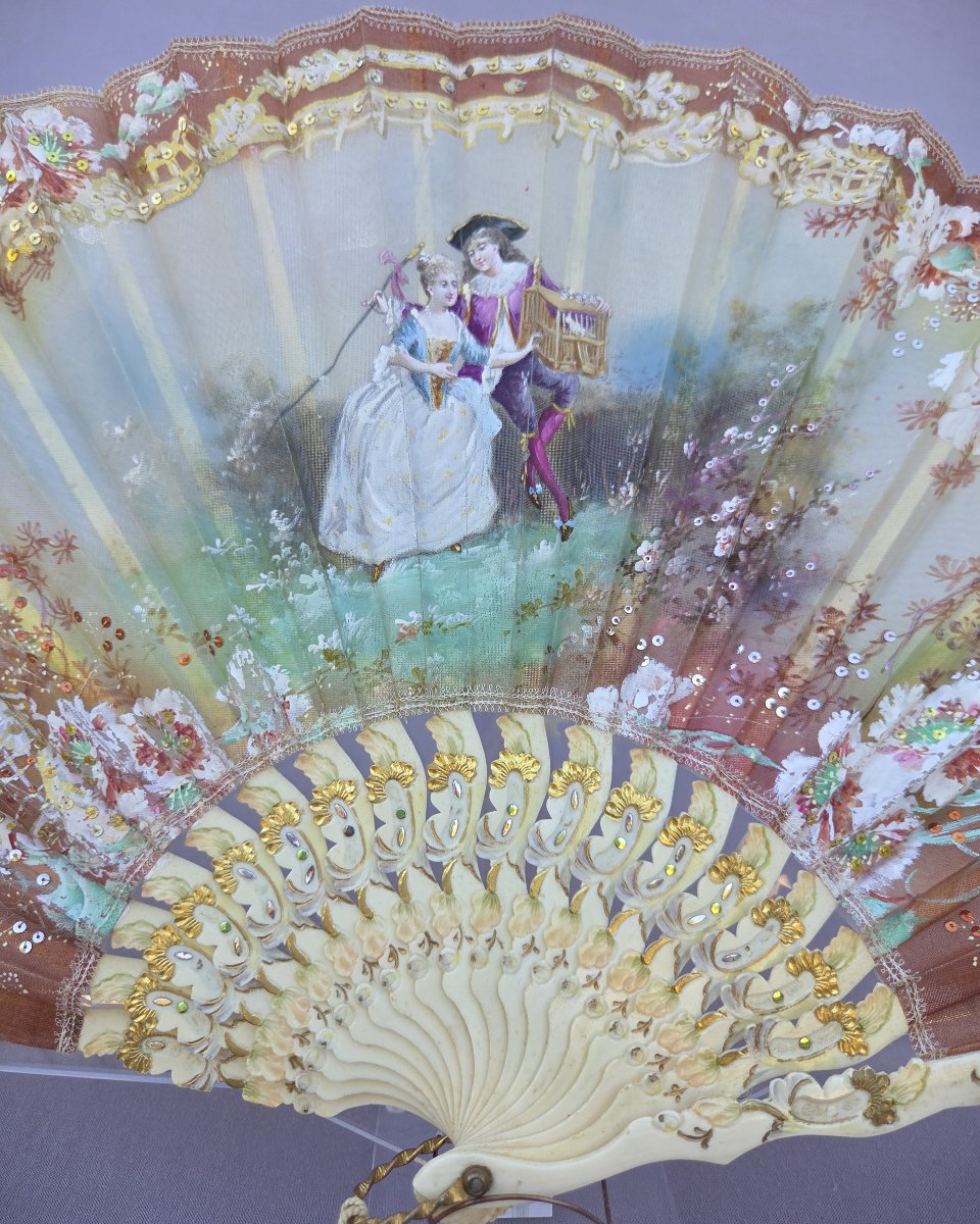 Eventail ancien, vers 1910, feuille en tulle peinte, éventail en parfait état et utilisable-photo-3