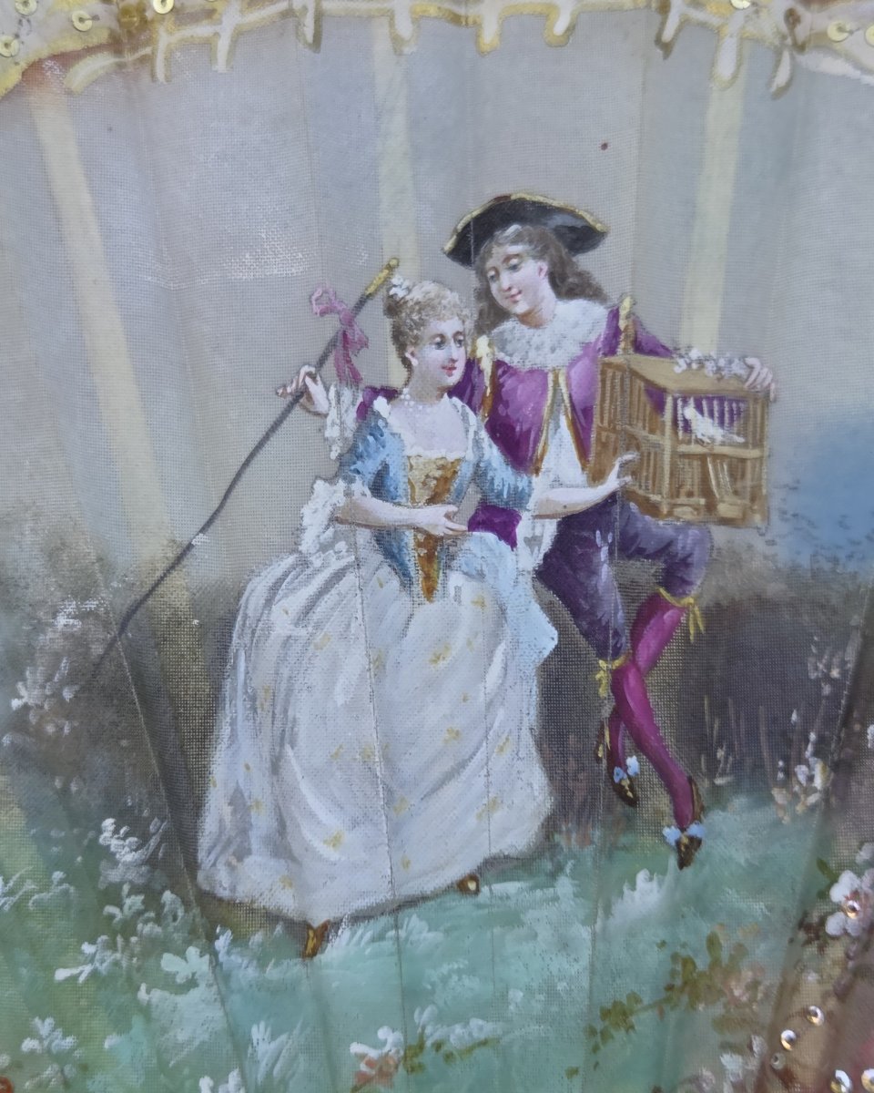 Eventail ancien, vers 1910, feuille en tulle peinte, éventail en parfait état et utilisable-photo-4