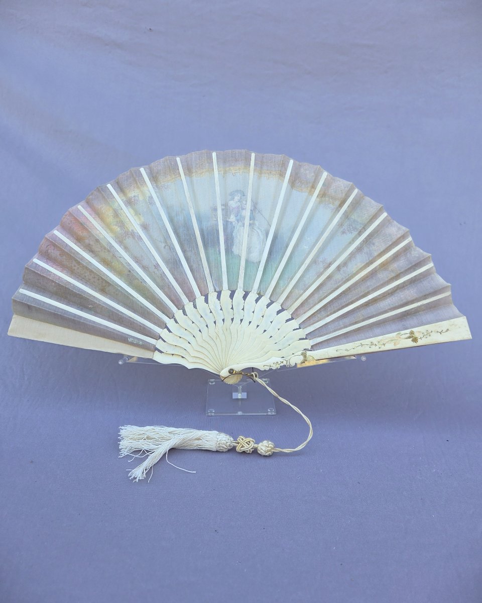 Eventail ancien, vers 1910, feuille en tulle peinte, éventail en parfait état et utilisable-photo-3