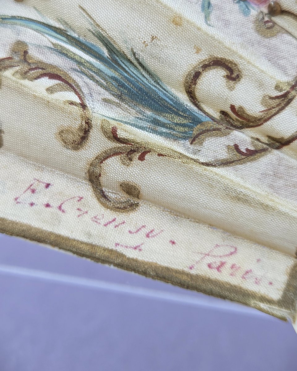 Eventail ancien gouache sur soie, monture os, Creusy Paris, vers 1910-photo-4
