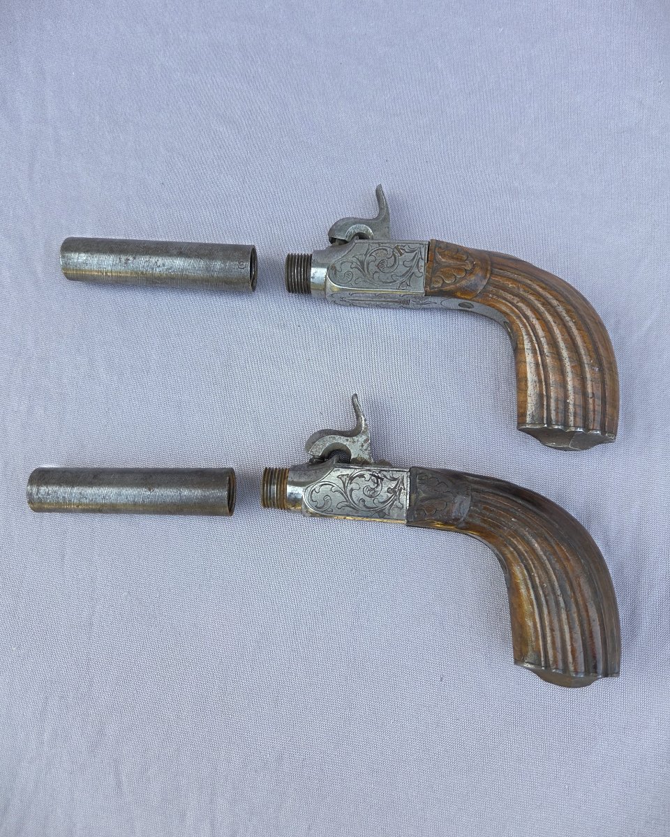Paire de pistolets anciens, Pistolets de poche à percussion, vers 1850-photo-3