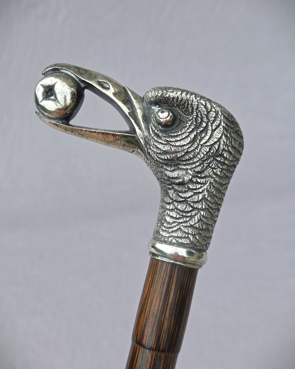  Defense Cane, Silver-plated Bronze Knob Decorated With A Bird Motif-photo-3