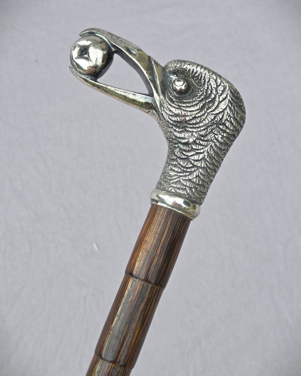  Defense Cane, Silver-plated Bronze Knob Decorated With A Bird Motif-photo-4