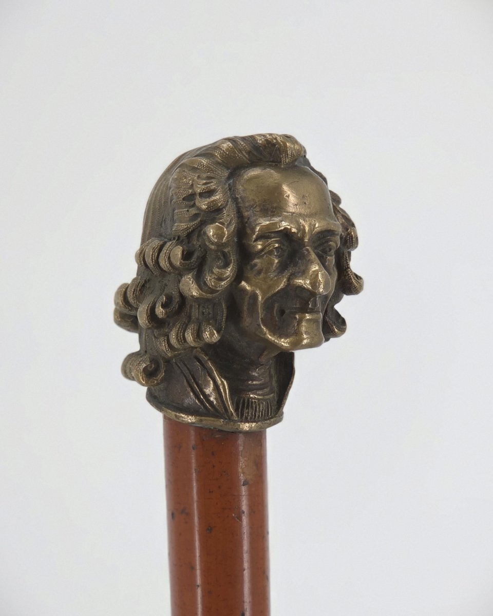 Canne dite « casse tête » au lourd pommeau en bronze représentant Voltaire-photo-4