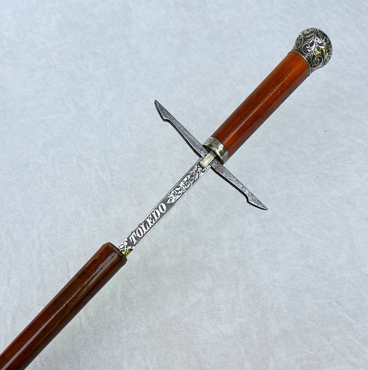 Sword Cane  With Guard, Toledo Blade, Silver Knob