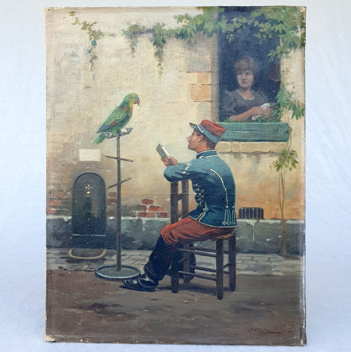 Jules Monge (1855-1936) , Huile sur toile « Le soldat et le perroquet » -photo-2